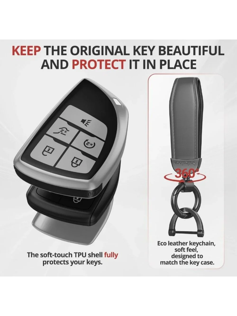 Matte TPU Key Fob Cover with Leather Keychain for Chevy GMC - 5 Button Accessory